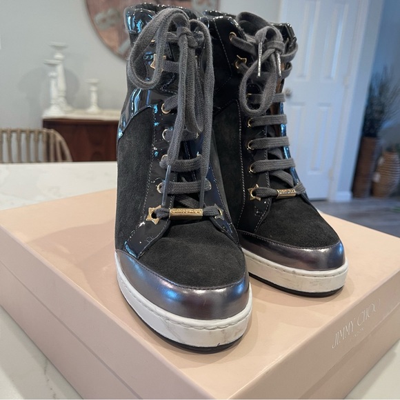 🎉HOST PICK🎉Jimmy Choo grey suede & pattern leather wedge Panama sneaker in box - Picture 13 of 16